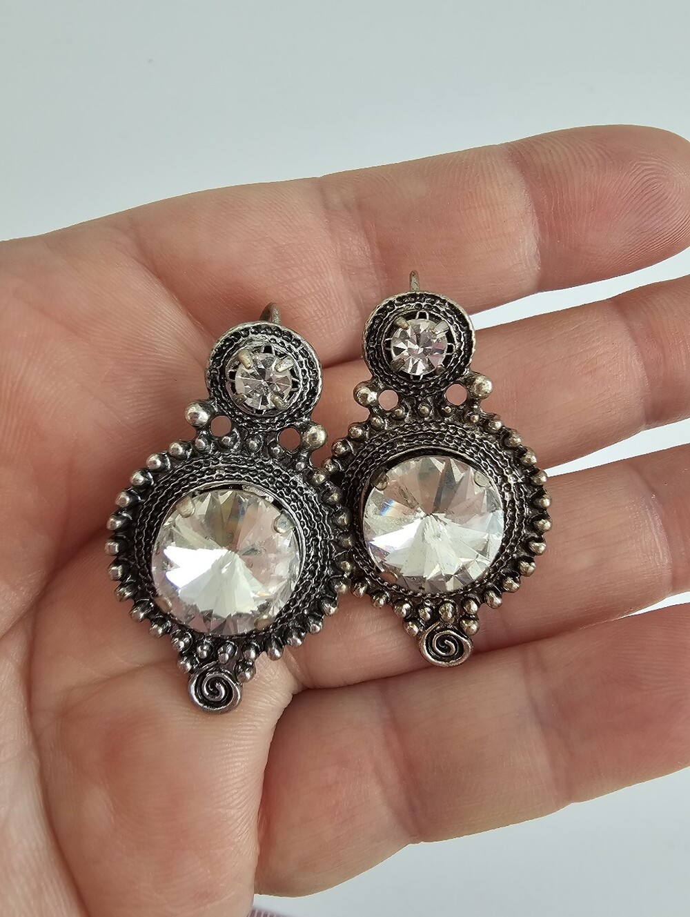 Vintage Revival Antiqued Silver Crystal Leverback Earrings Statement Drop